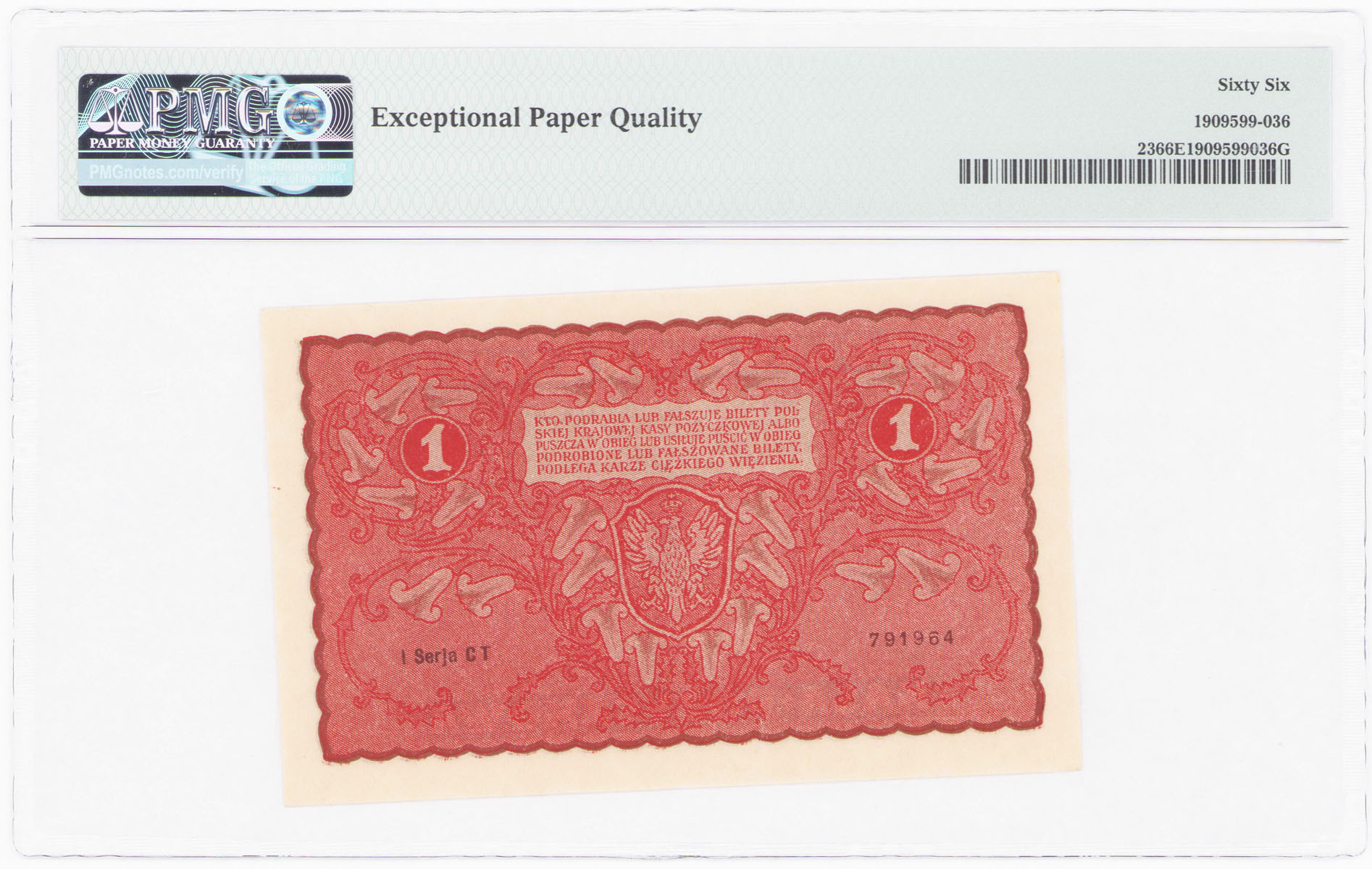 1 marka polska 1919, seria I-CT, PMG 66 EPQ - PIĘKNE